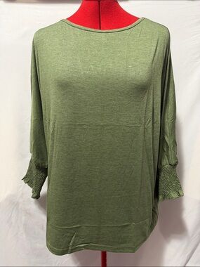 Relaxed Olive Green Boatneck Tunic with Smocked Cuffs